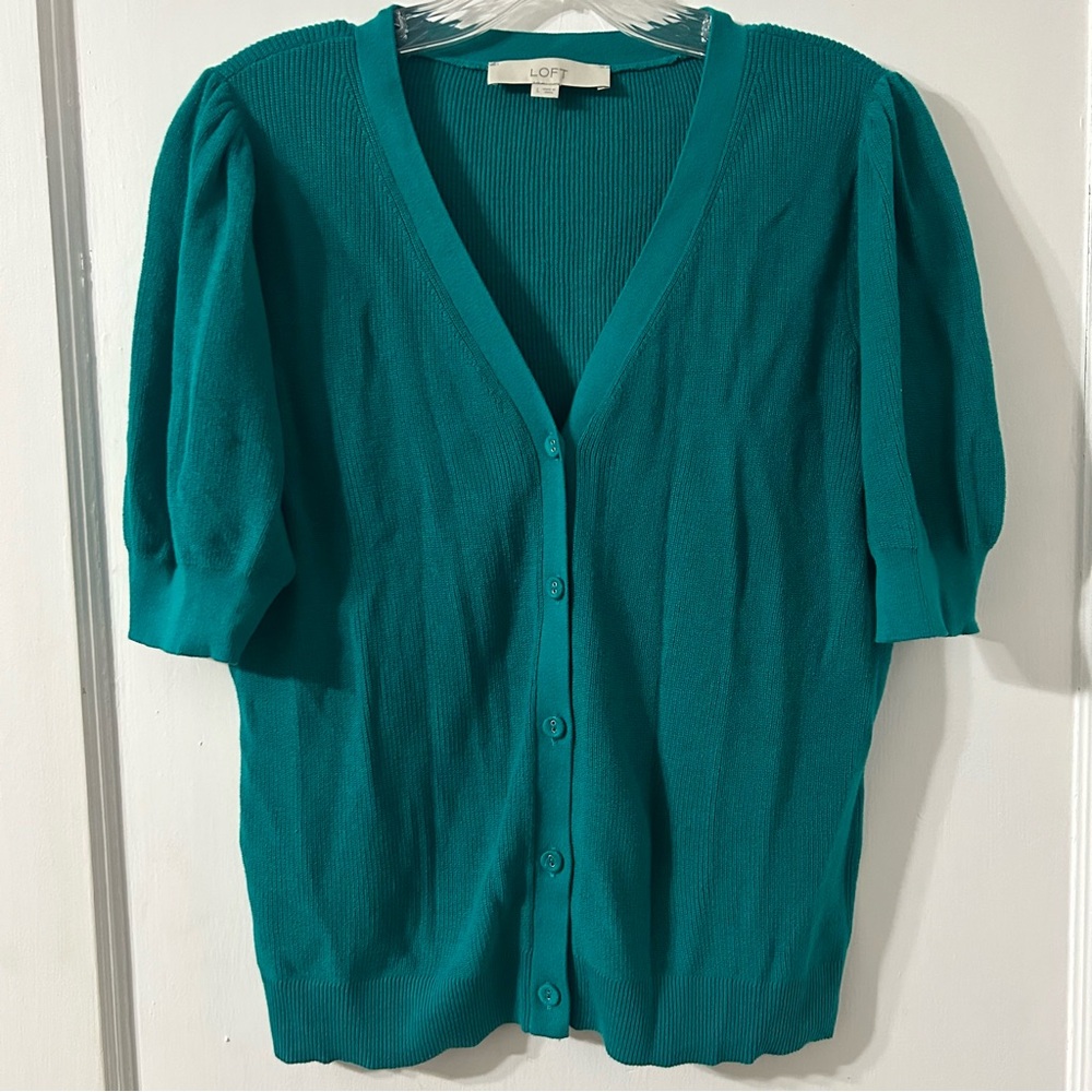LOFT Teal Green Ribbed Button Down Style Cardigan Sweater Large